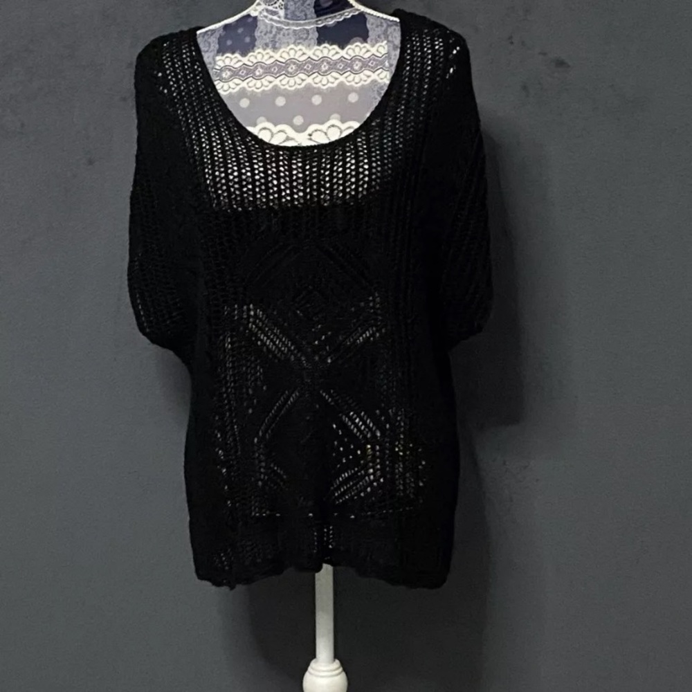 Soho Jeans New York Crochet Top Womens S Black Knit Short Sleeve Cottagegore